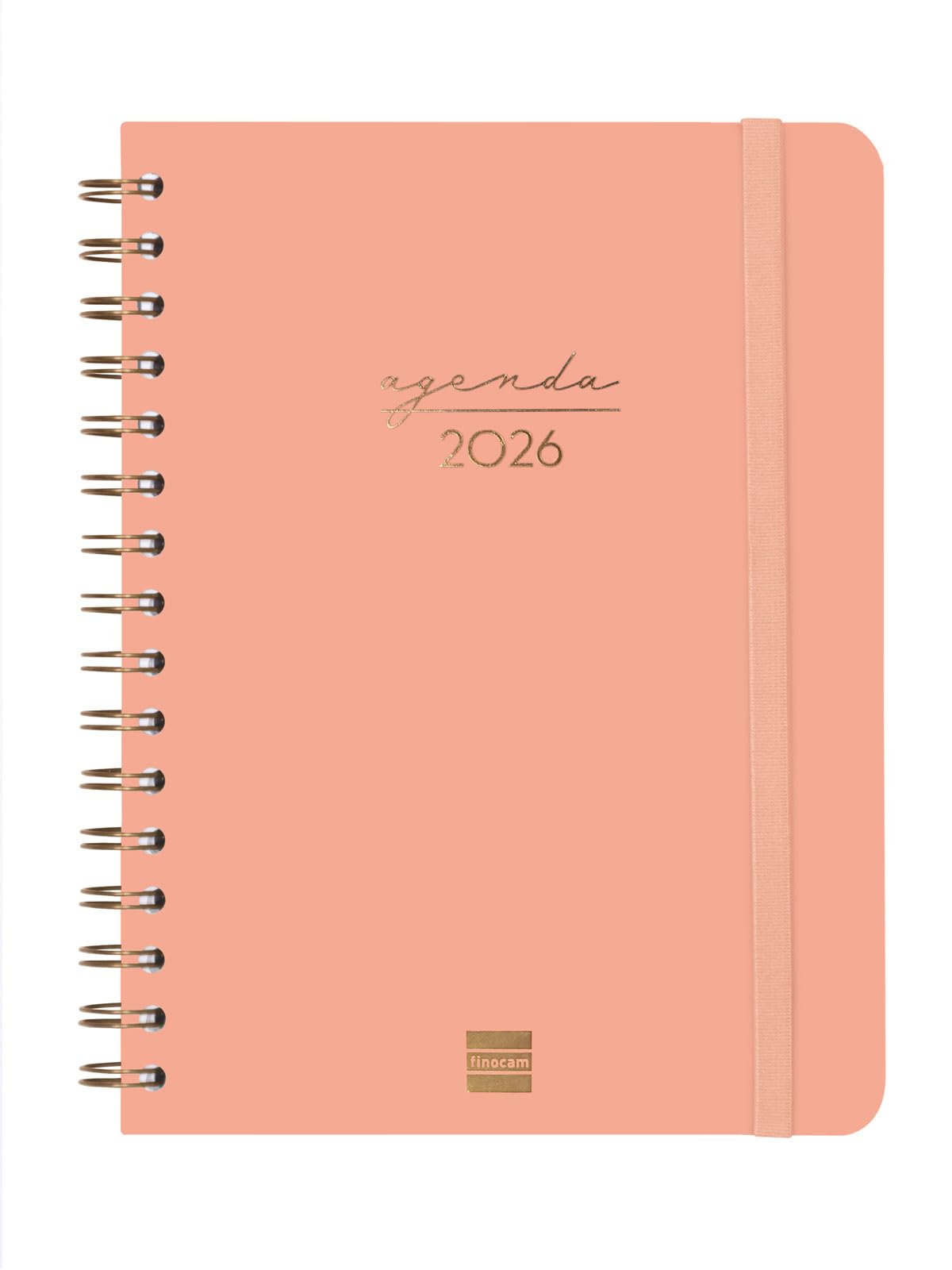 Finocam - Spiral Agenda 2026 Week to View Horizontal | January - December (12 months) | 2026 Yearly Planner with Rubber | Spiral Double Hardcover - Coral - English