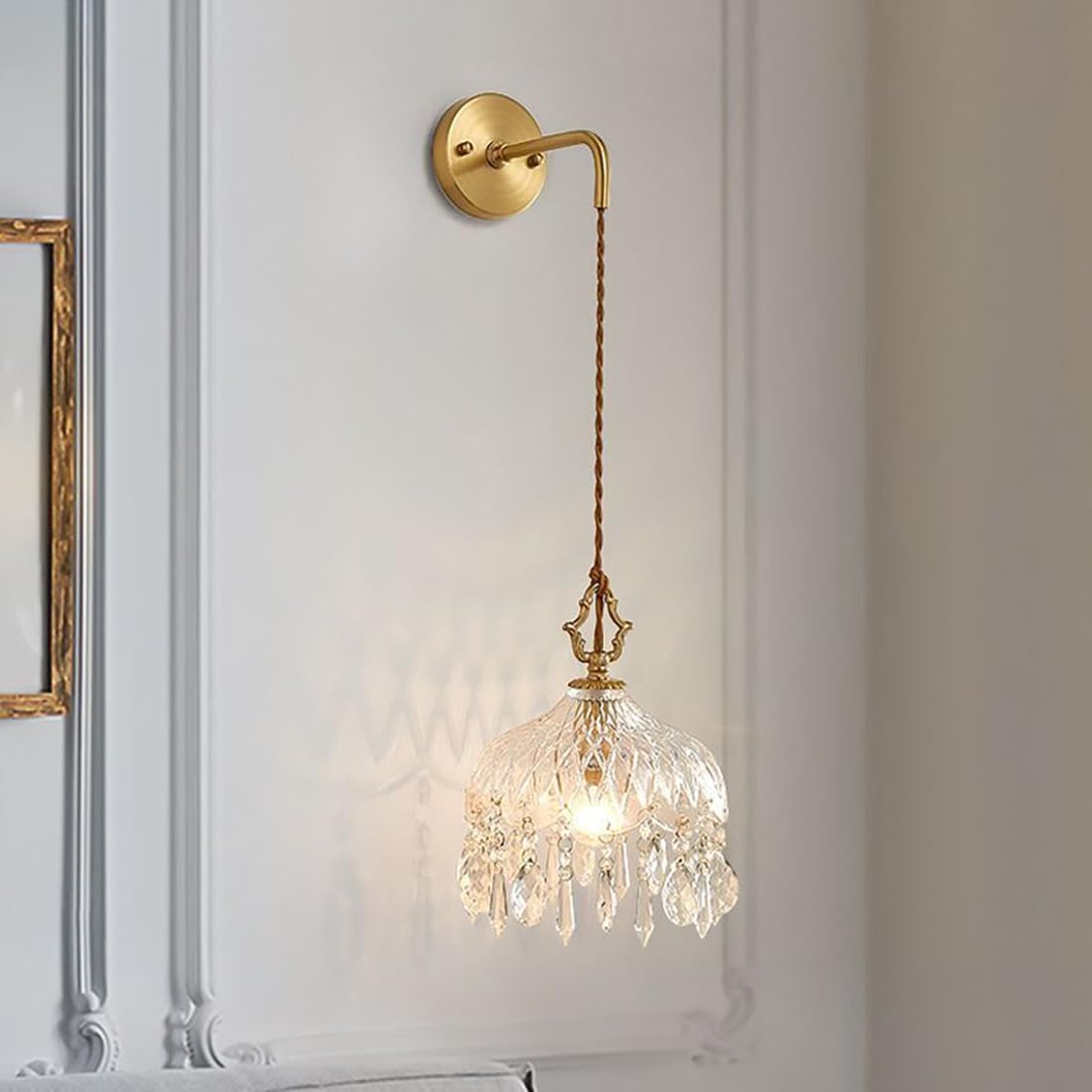 Crystal Wall Sconces Gold Sconces Wall Lighting with Crystal Raindrop Glass Shade Mid Century Modern Wall Light Vintage Wall Light Fixtures for Bedroom Living Room Farmhouse Hallway