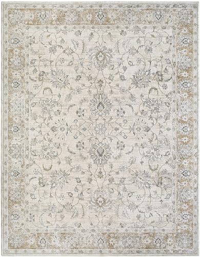 Image of Hauteloom Kerem Boho Vintage Traditional Oushak Area Rug - Farmhouse Oriental Floral Damask Carpet for Living Room, Bedroom, Dining Room - Taupe, Beige, Olive; Blue 7'10 inch x 10'2 inch (8x10)
