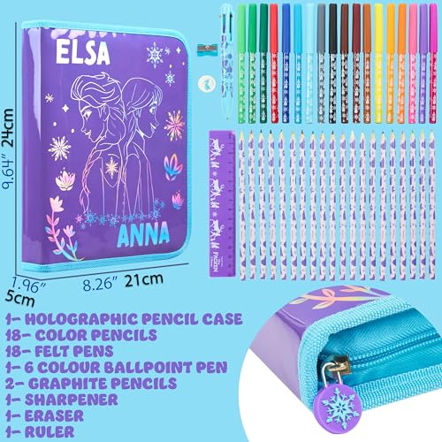 Disney Stitch Pencil Case for Girls Kids Tweens Colored Pencils Markers Pen Eraser Ruler Frozen School Supplies Stationary Gifts for Girls (Purple Frozen 1 Compartment)