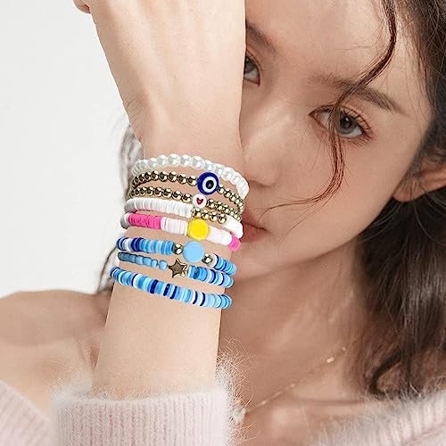WAINIS 44 Pcs Surfer Heishi Clay Bead Bracelets for Women Bohemian Stackable Beaded Stretch Bracelets Elastic Layering Friendship Bracelets Set Boho Jewelry Cute Bracelets for Concert Beach Vacaiton3