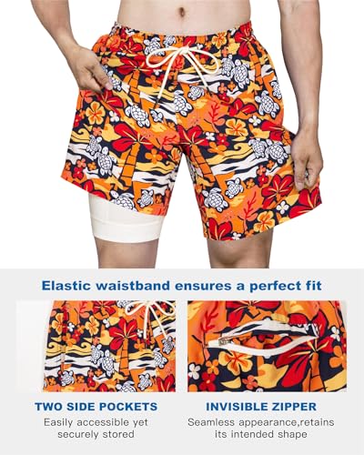 Image of SURF CUZ Mens Swim Trunks with Compression Liner Swim Shorts 7 inch Swimming Trunks Stretch 7 Inch Swim Suits Quick Dry