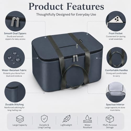 Image of Storite Twill Nylon Underbed Storage Bag Moisture Proof Cloth Organiser | with Zippered Closure and Handle (Grey, 56x46x30cm) Rectangular
