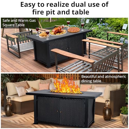 Outdoor Propane Fire Pit 52inch, PioneerWorks Propane Fire Pit Table 50000BTU Gas Fire Pit Table with Cover & Rain Cover, Rectangle Gas Firepit Table for Patio Deck Garden Backyard