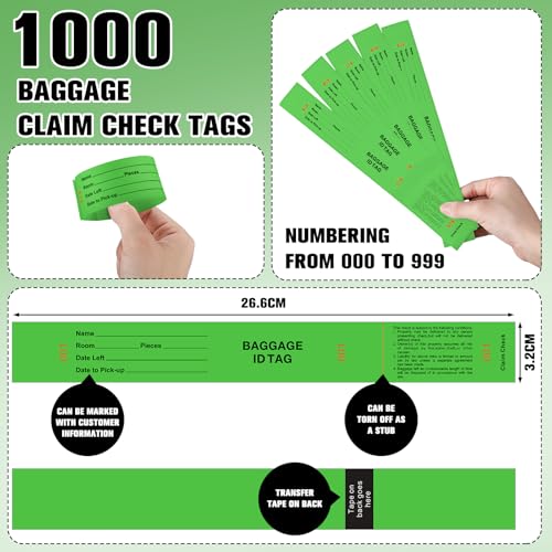 1000 Hotel Luggage ID Tags with Transfer Tape on Back Paper Baggage Claim Check Tags Numbering from 000 to 999 Baggage Identification for Hotel Suitcase Motel Bag(Green)2