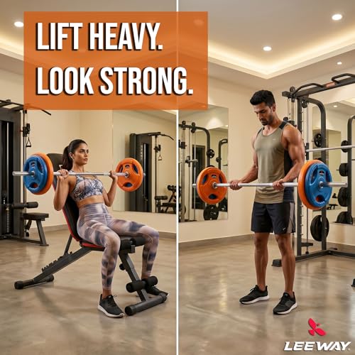 Image of Leeway 50kg Combo | Home Gym Set for Men | Barbell Rod with Plates and Dumbbell Set | Rubber Weight Plate, 3 Ft Curl + 5 Ft Rod (28mm) | Weightlifting Gym Equipments for Home Workout Kit Zym, 50kg Set (2.5X2+5X2+7.5X2+10X2))
