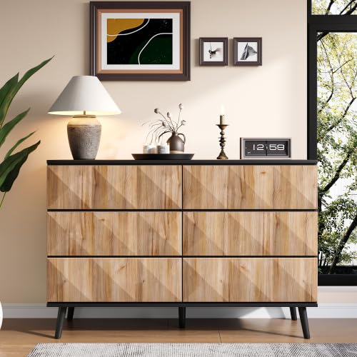 vutizal Cassettiera 120 cm con 6 cassetti, credenza in stile industriale con struttura in metallo, effetto legno nero, per camera da letto, soggiorno e corridoio