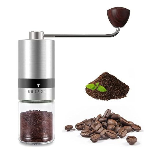 SANON Molinillo de café manual，Moledora cafe manual regulable， 6 Configuraciones Ajustables, Coffee grinder Acero inoxidable y vidrio，Regalo.