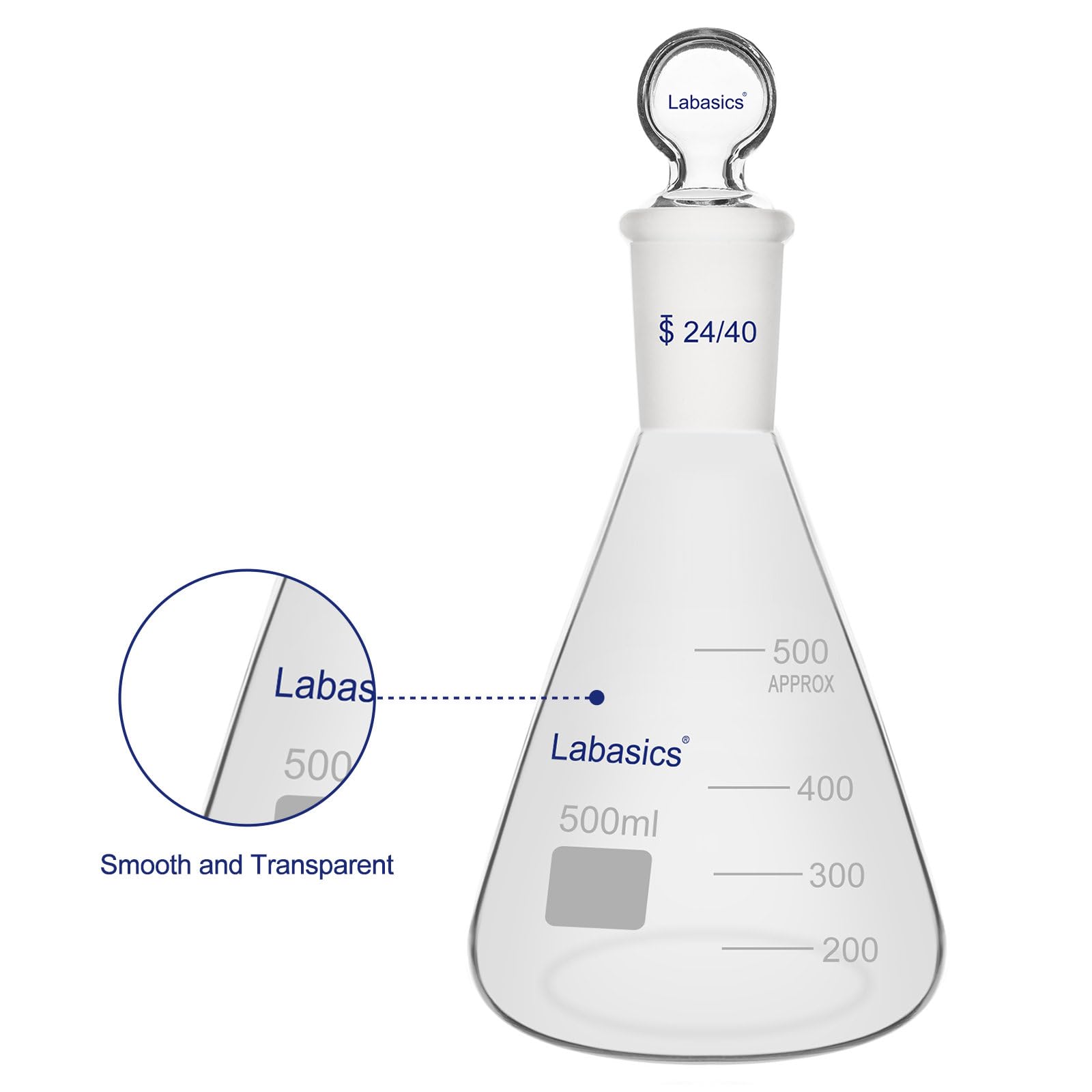 Labasics Flask Erlenmeyer in Vetro Borosilicato con Tappo a Giunto 24/40, Flask Conico per Miscelazione e Conservazione di Reagenti da Laboratorio, 500 ml