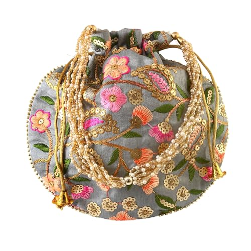 Image of Handcrafted Potli Purse with Golden Floral Embroidery and Pearl Accents
