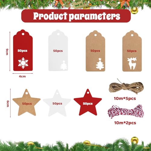 ALONK 350 Stück Geschenkanhänger Zum Beschriften, 70m Schnur Weiß Rot Braun Kraftpapier Geschenkanhänger Weihnachten