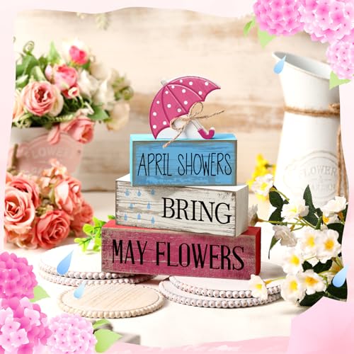 Image of Moucuny 4 Pcs Spring Summer Decorations for Home Wooden Umbrella Tiered Tray Decorations Summer Centerpieces for Tables Farmhouse Decorative Umbrella Faux Stack Block Sign for Home Shelf Decor