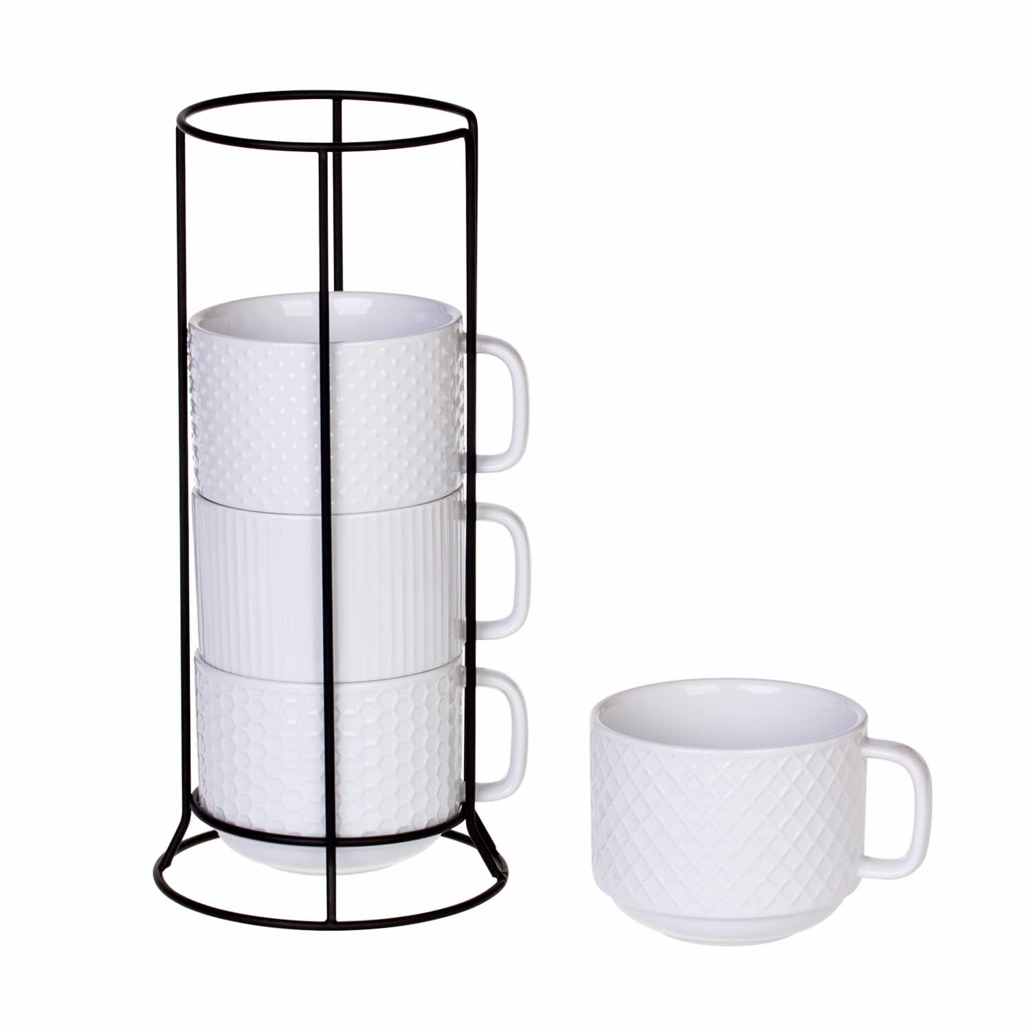 Buyajuju Juego de 4 tazas de café apilables de porcelana con soporte de metal, 13 onzas, apilables, diferentes portavasos de café en relieve para café, té, cacao, bebidas, color blanco