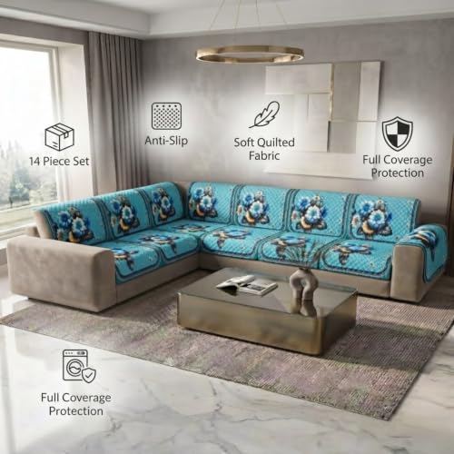 Image of L Shape Sofa Cover 3+2 Seater Pack of 14 (Aqua)