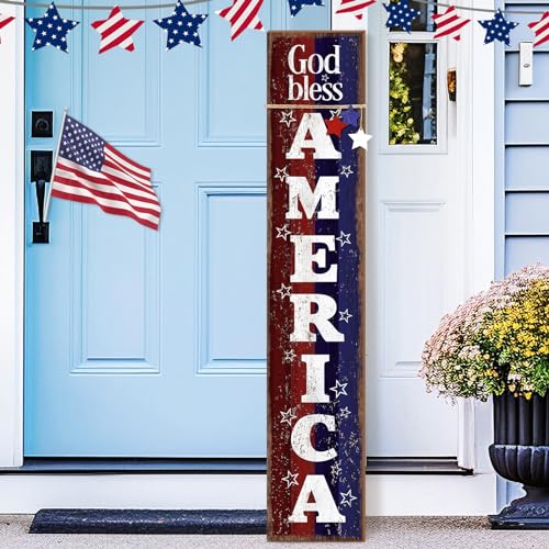 Chitidr Patriotic Porch Sign 47' H 4th of July Door Decorations for Front Porch Wooden Red White Blue Vertical God Bless America Sign Outdoor Memorial Day Decorations for 250th Anniversary Outdoor