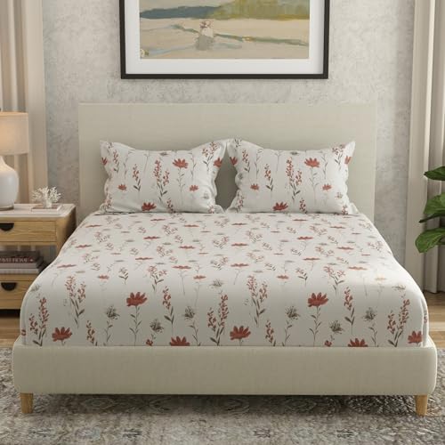 Image of HUESLAND by Ahmedabad Cotton 144 TC Cotton Elastic Fitted Bedsheet King Size with 2 Pillow Covers | 72 x 78 inches