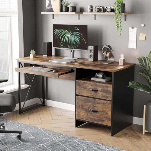 Image of TEKAVO Office Table with Drawer Storage + Keyboard Tray | Computer Table for Home Workstation PC | Modern Work Desk (Brown Wood, Metal | 120 x 55 CM) - DIY Assembly