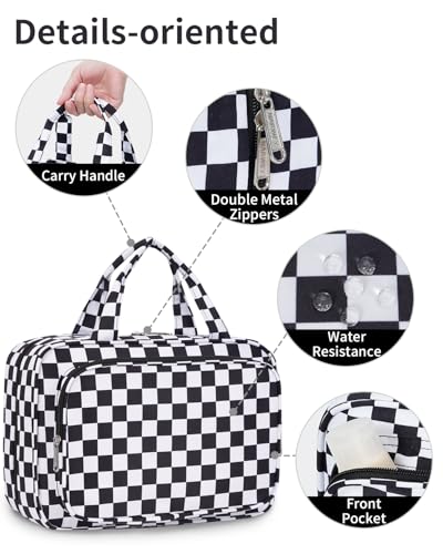 Image of Narwey Large Hanging Toiletry Bag Travel Makeup Bag Cosmetic Organizer for Women and Girls, Z-Black Checkerboard, Medium