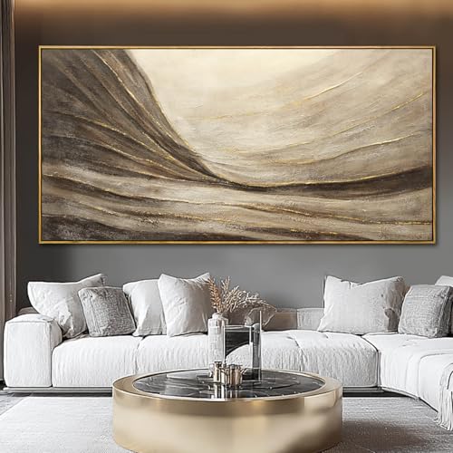 Textured Abstract Wall Decor with Framed Brown Canvas Art Gold Accents Modern Large Artwork for Bedroom Living Room 29x58 Inch