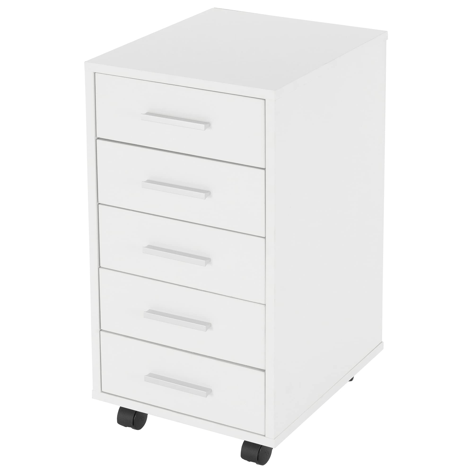 ML-Design Archivador Móvil para Oficina 33 x 38 x 63,5 cm Blanco, Cajonera de Escritorio con 5 Cajones Revestida de Melamina y Asas de Aluminio Mueble de Despacho Armario para Almacenamiento