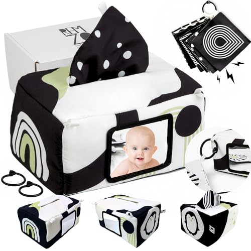 Image of REMZO Baby Tissue Box Toy 3-in-1 w/ 10 Hanging Baby Crinkle Paper and Tummy Time Mirror - High Contrast Baby Toys for Newborn - Sensory Montessori Magic Tissue Box - Crinkle Books for Babies