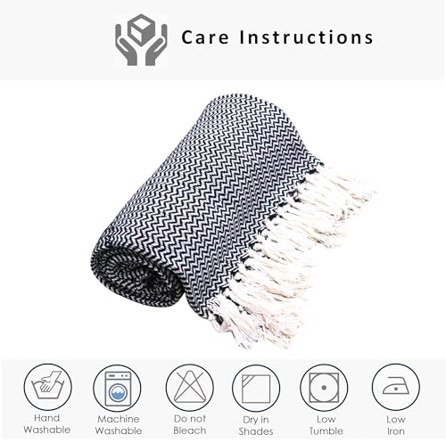 Image of Chevron 78x60 Inch Reversible Cotton Throw Blanket with Tassels| Blanket for Living Room, Sofa, Bed, Chair, Picnic & Used for Gift | Black Narrow Chevron, Size - 200x150 Cm