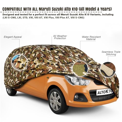 Image of Pivalo Car Body Cover for Maruti Alto K10 All Model & Years (2010-2025) 100% Waterproof with Mirror Pockets, Triple Stitched Dustproof Heat Resistant UV Protection (Military /Jungle /Camouflage)