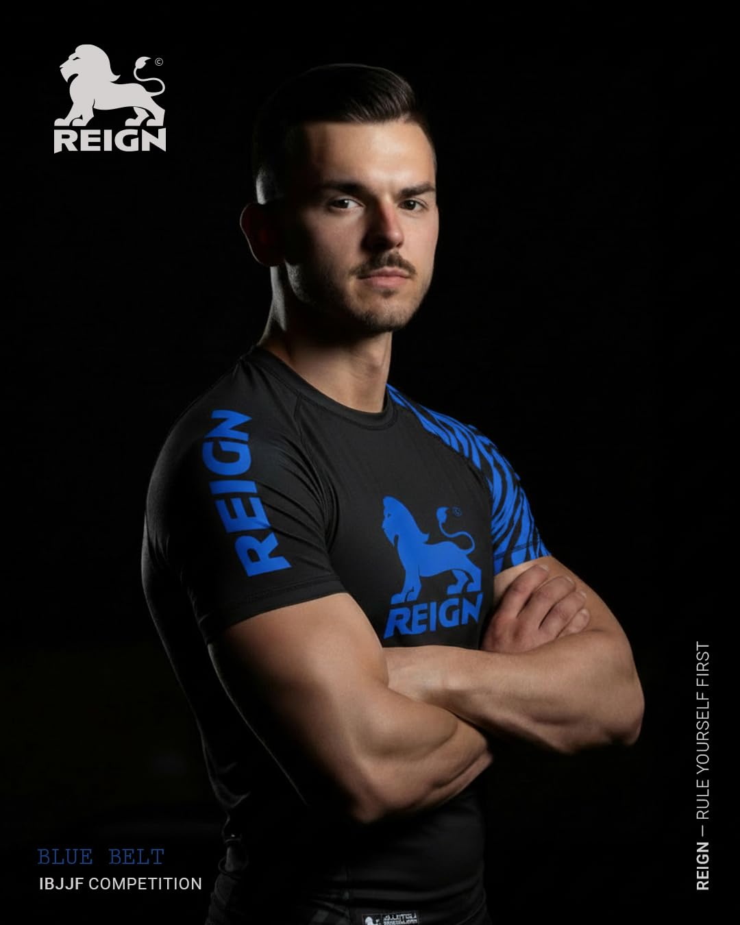REIGN Tshirt Compression MMA BJJ Homme Ceinture Bleu