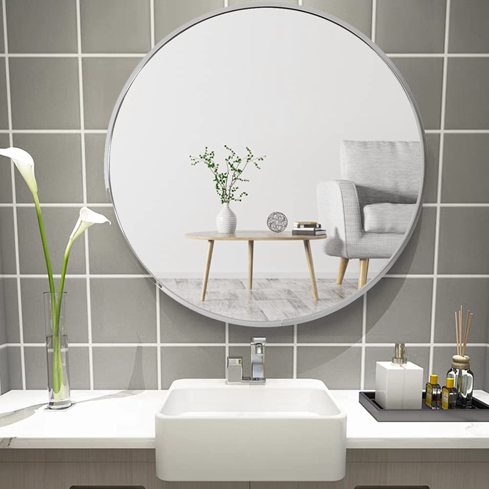 Warmiehomy Round Wall Mounted Bathroom Mirror Makeup Dressing Mirror Frame Mirror for Bathroom Living Room Bedroom (Φ60cm, Silver)