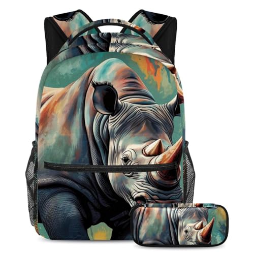 Cartable grande capacité lot de 2 avec trousse motif rhino pour voyage scolaire ado