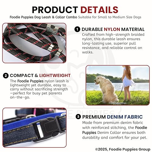 Image of Foodie Puppies Dog Leash and Collar Combo Set - (Nylon Leash + Denim Collar) | Handle Adjustable Heavy Duty for Training & Walking | for Small to Medium Dogs (Colour May Vary)
