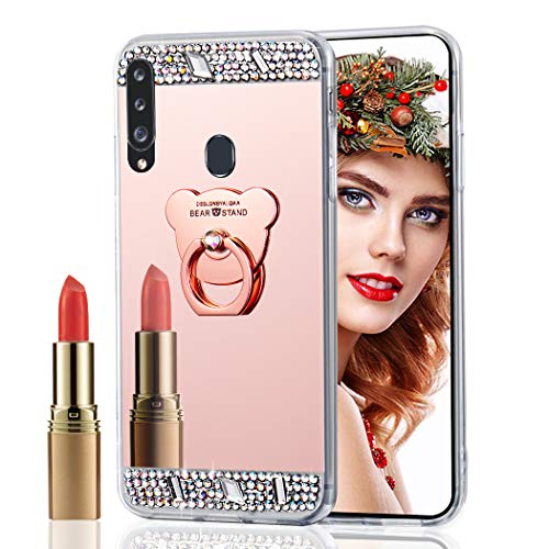 Asdsinfor Galaxy A20S Case Stylish Luxury Crystal Diamond Ring Bracket Makeup Mirror Case Cover for Samsung Galaxy A20S Rose Gold Bear Mirror