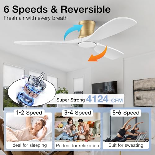 Image of 52 inch Low Profile Ceiling Fans with Lights Remote,Flush Mount,Wood,White Gold