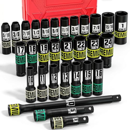 Image of 30PCS 1 /2 inch Drive Impact Socket Set, SAE (5 /16 inch- 1 inch) and Metric (10mm-24mm) Deep Socket, Including Impact Extension Bar 3 inch, 5 inch, 10 inch, 6 Point, Suitable for Automotive and Machinery