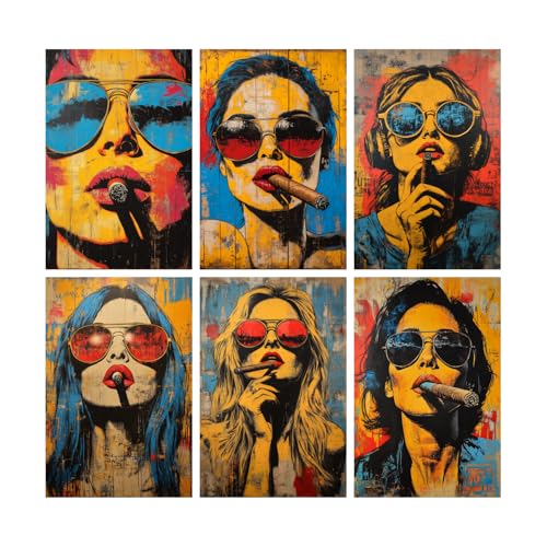 Image of SiddArtify Modern Pop Art Wall Art Prints Set - Woman Smoking Cigar Poster Decor for Living Room Bedroom Office - 12x18 inch Board Pack of 6