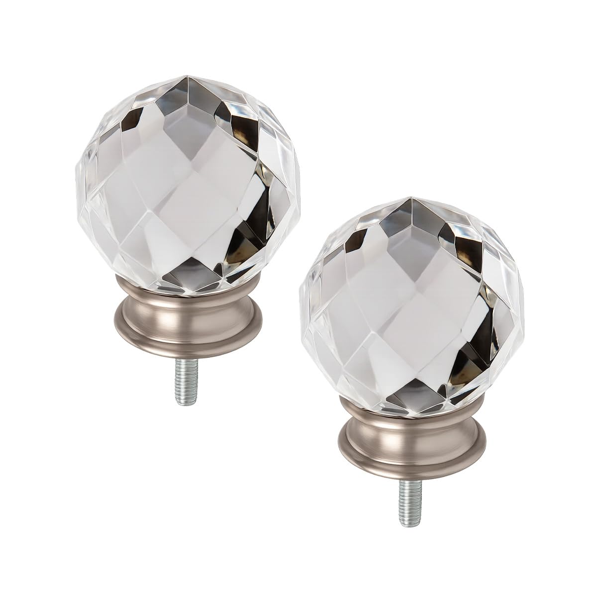 Brushed Nickel Faceted Gunmetal Acrylic Crystal Sphere Decorative Curtain Rod Finial Set of 2 (Nickel Crystal)