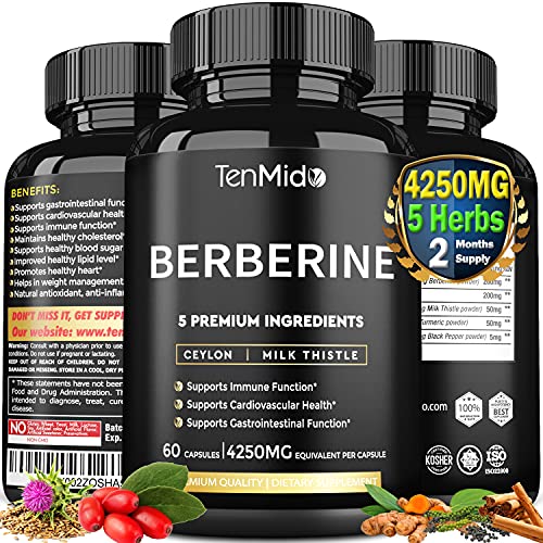 Berberine Capsules Equivalent to 4250mg, 2 Months Supply & Ceylon, Milk Thistle, Turmeric, Pepper | Maintains Blood Sugar Pressure, Immune Support Supplements | Lowers Cholesterol, Weight Management