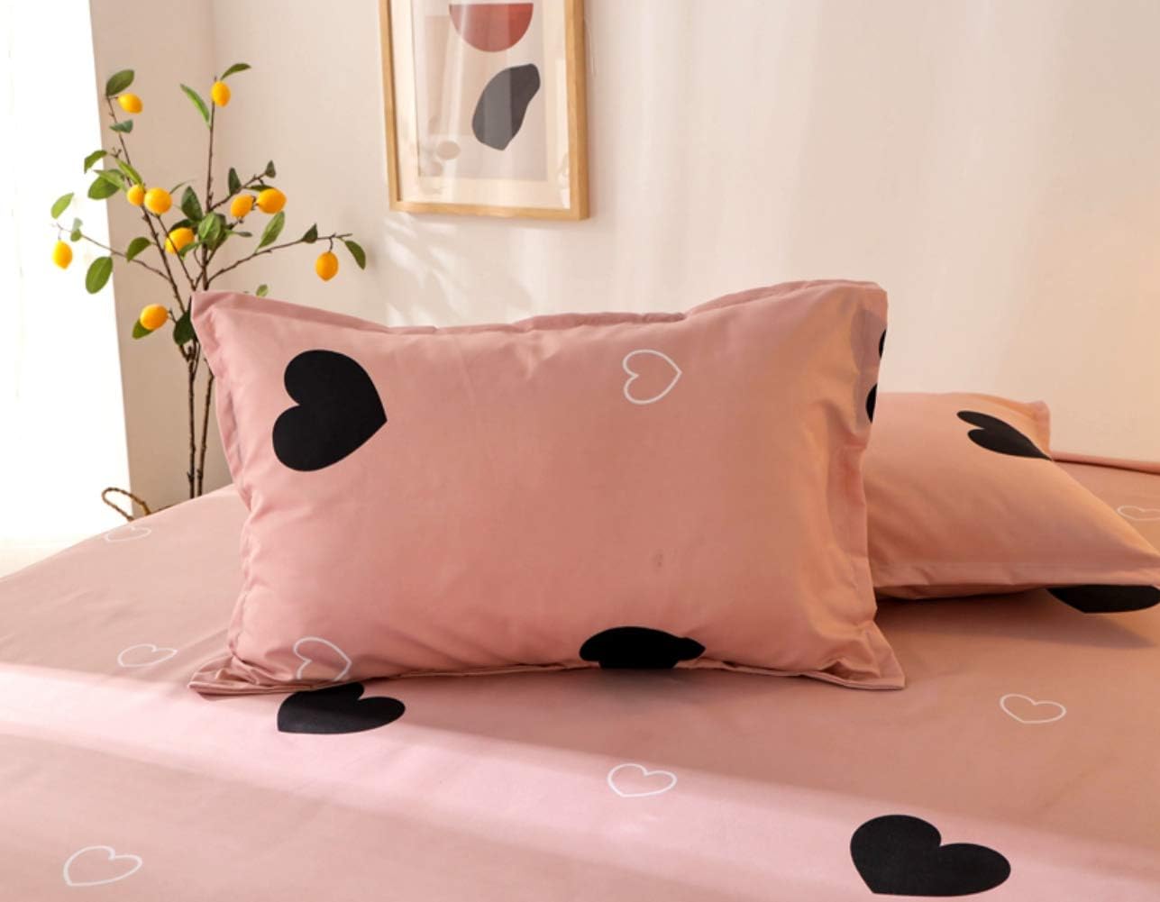 Girls Cute Heart Pattern Fitted Sheet for Kids Queen Size Lovely Pink Black Bedroom Decor Bed Sheet Set Girly Cartoon Love Geometric Bedding Set Children Modern Design Bed Cover with 2 Pillow Case