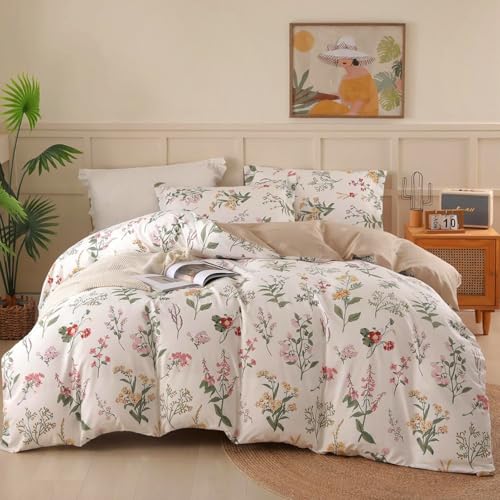 OAITE Duvet Cover Queen Size - 100% Cotton Comforter Cover Floral Duvet Cover Sets 3-PC, Breathable Duvet Cover with Zipper Closure & Corner Ties