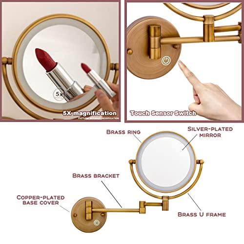 Reckodor 8" Brass Wall Mounted Magnifying Mirror With Light, 1X/5X Double-Sided Led Lighted Makeup Mirror Wall Mounted With Extension, Brushed Antique Brass Bathroom Accessories, Hardwired #TOP3