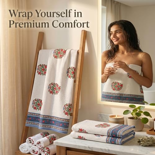 Image of Mafatlal Madhuban Bath & Hand Towel Set (1 Bath 147x76 cm + 2 Hand 76x38 cm) | 250 GSM | Hand Printed Floral Waffle Cotton | Oil Yellow