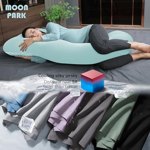 Image of MOON PARK Pregnancy Pillows for Sleeping - U Shaped Full Body Maternity Pillow with Removable Cover - Support for Back, Legs, Belly, Hips - 57 Inch - Ice Blue - Cooling Cover