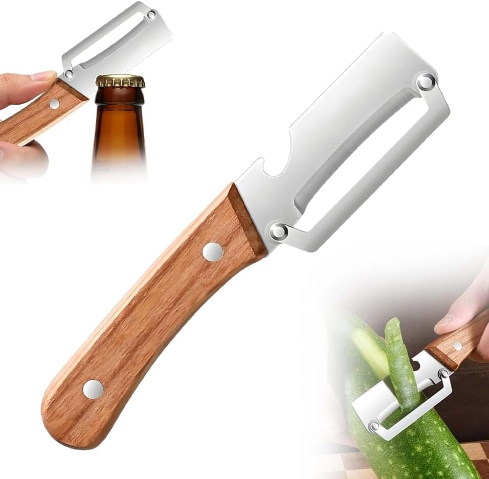 Éplucheur de Légumes 2-en-1 avec Manche en Bois – Couteau Éplucheur Multifonction en Acier Inoxydable avec Ouvre-Bouteille, Outil de Cuisine Ergonomique et Antidérapant (1PCS) - 1