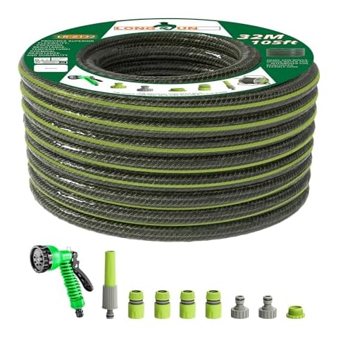 LONGRUN Flexible Garden Hose 105ft, 7/16'' ID 5/8'' OD Soft PVC Water Hose with Nozzle & Complete Kit, Kink-Free, Leak-Proof Design for All Seasons, Durable, Easy-Store Hose for Lawn & Garden Care Cover