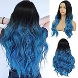 Tseses Long Curly Ombre Blue Wavy Wigs for Women Synthetic Hair Wigs Dark Roots Hair Cosplay Halloween Party Daily for Women Full Wig (Blue)