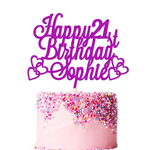 Personalized Happy Birthday Cake Topper | Custom Birthday Cake Decoration with Any Name Any Age 16 18 21 40 60 | Double Sided Glitter Card | Purple