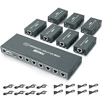 1080p 1x7 7 Port HDMI Extender Splitter Over CAT6/CAT6a/CAT7 Ethernet Cable with an HDMI Loop Out & Bi-Directional IR Remote Control &EDID Management(1 in 7 Out) ?Up to 50m (165ft) at 1080p 60Hz