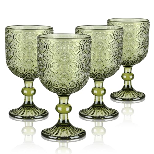 Joeyan 350ml Bicchieri acqua Vetro Verde Calici,4 pezzi Colorati Bicchieri Decorati Vetro in Floreale Rilievo,Vintage Calici Vino Rosso/Bianco per Cocktail aperitivo Grappa,Lavabile in Lavastoviglie