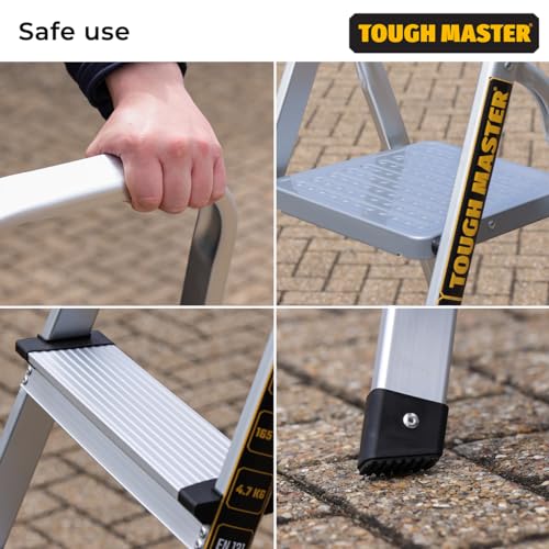 TOUGH MASTER Aluminium Folding Step Ladder Tread Ladders Anti-Slip Steps Top Handrail with Rubberised Plastic Feet Max Load 150Kg – EN131 Safety Standard, Silver (5 Steps) 6 TOUGH MASTER Aluminium Folding Step Ladder Tread Ladders Anti-Slip Steps Top Handrail with Rubberised Plastic Feet Max Load 150Kg – EN131 Safety Standard, Silver (5 Steps) - Image 6