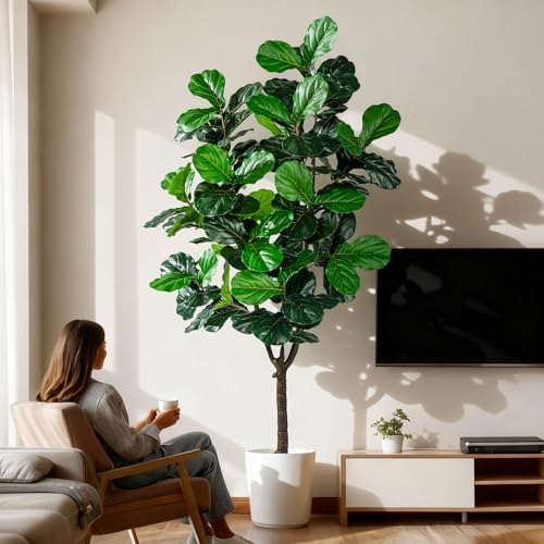 Image of Erimda Artificial Fiddle Leaf Fig Tree 7ft with White Planter Realistic Fiddle Leaf Lyrata Plant Tall Fake Tree with Natural-Looking Leaves Fake Tree for Indoor Outdoor Home Office Decor